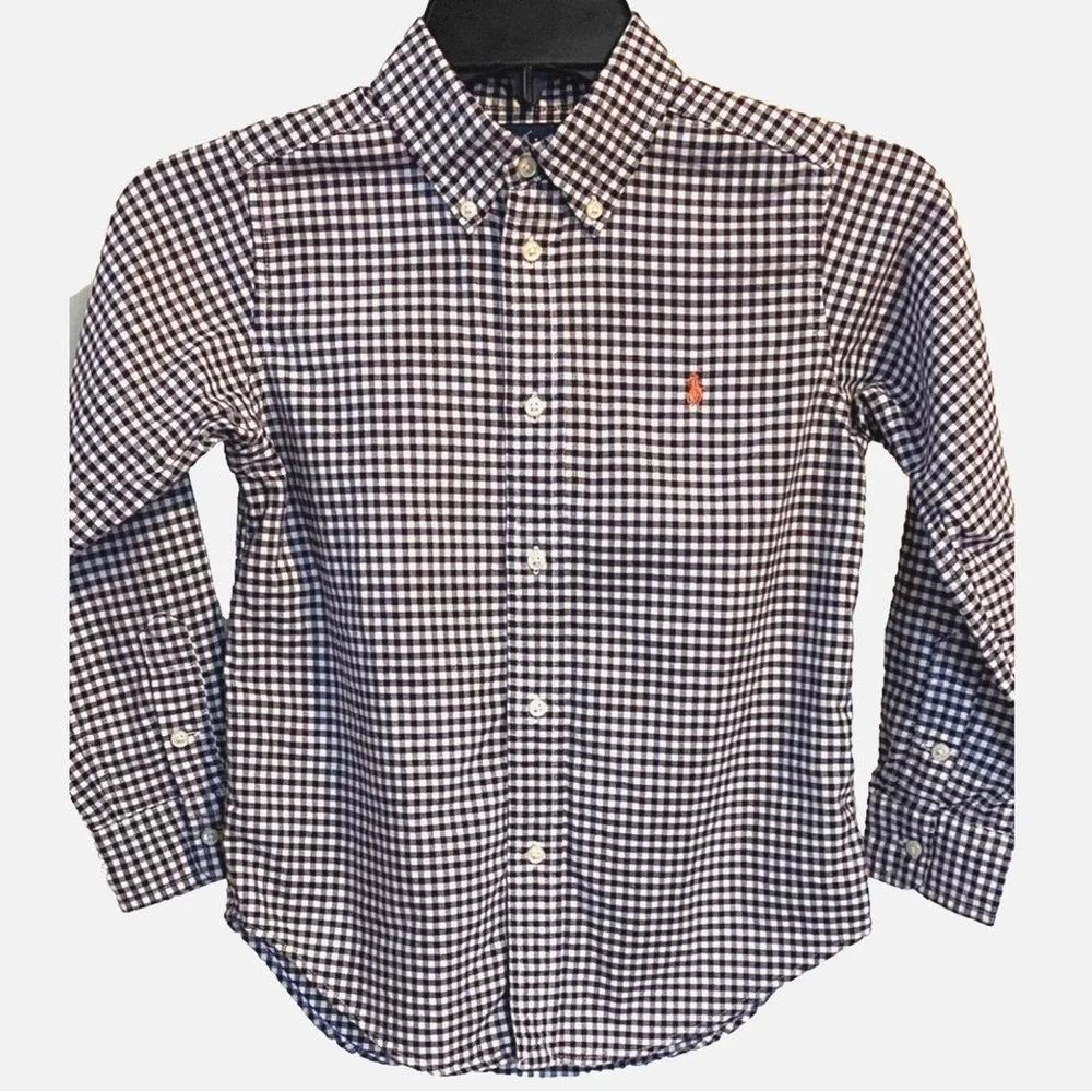 Ralph Lauren Boys Button Down Shirt Size 6 Purple White Gingham Pony Logo